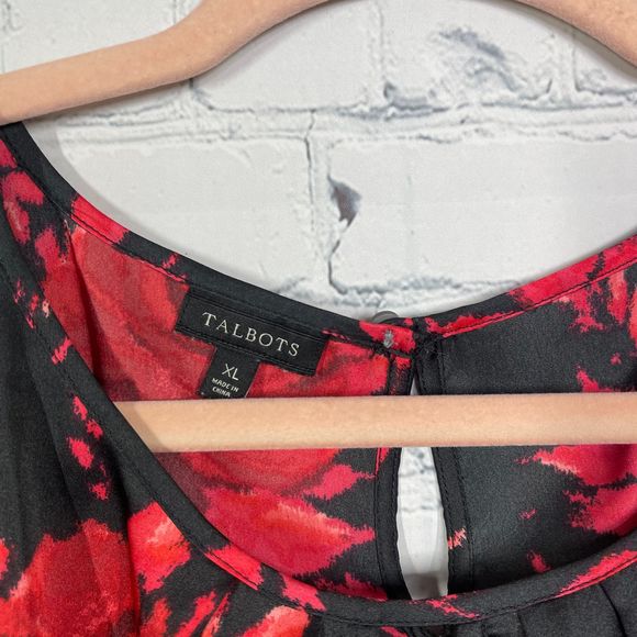 Talbots Blouse Womens XL Floral Pull Over Black Red Bishop Sleeve Career Top - Picture 3 of 9